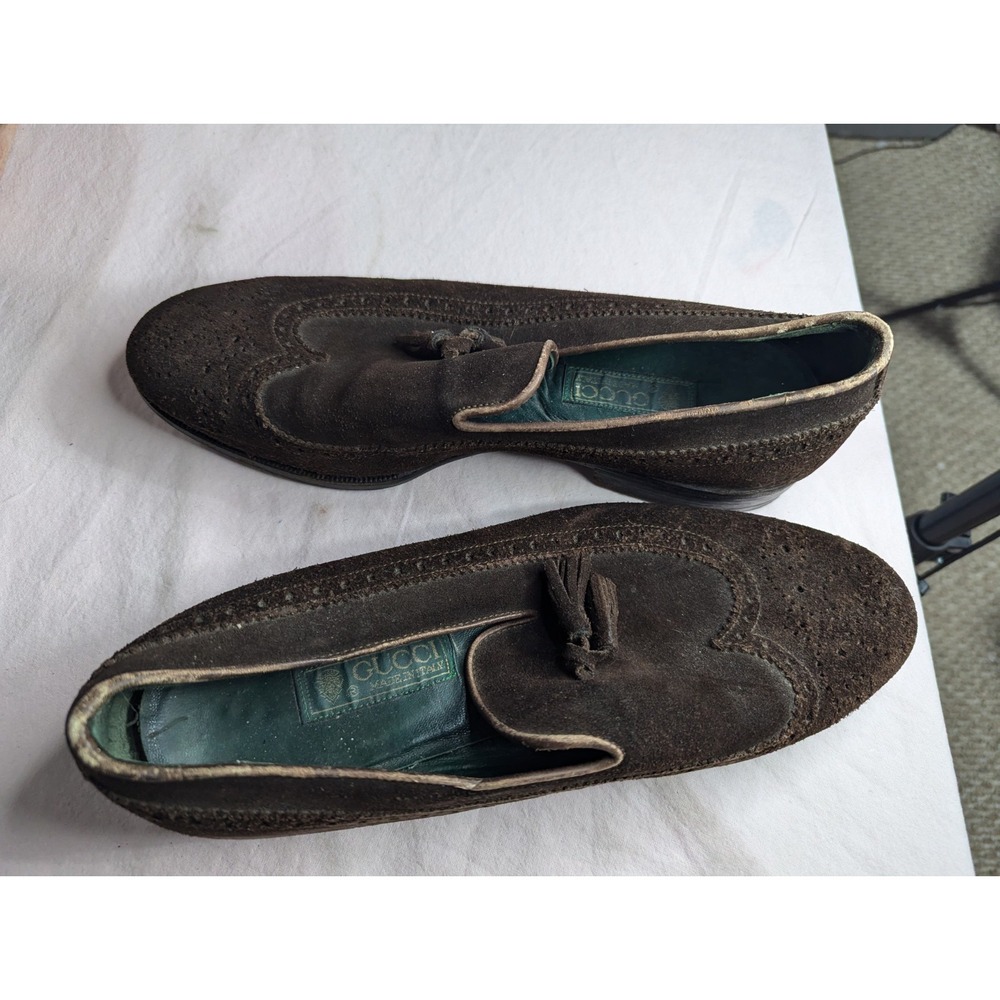 GUCCI VINTAGE brown suede leather mens 42 1/2 Italy Italian tassle loafers shoes